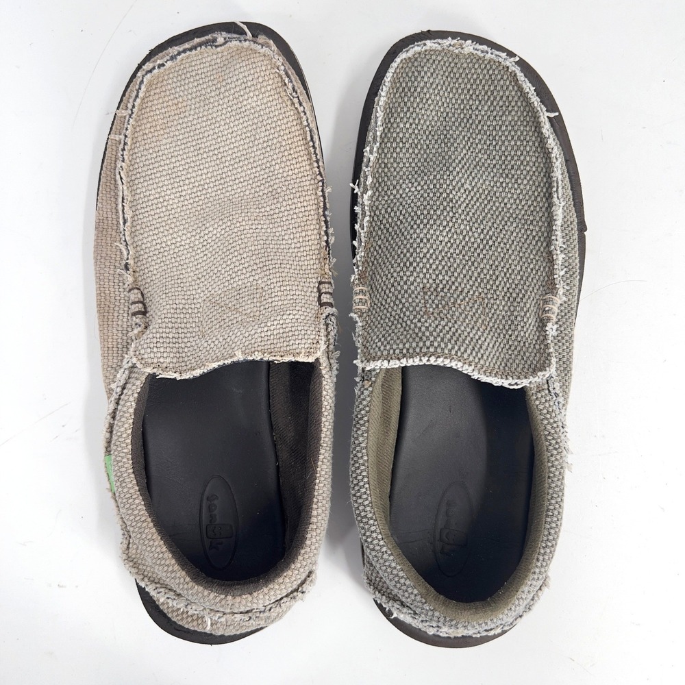 Sanuk Men's Chiba Sidewalk Surfer Slip On Loafers Tan Gray Frayed Canvas READ